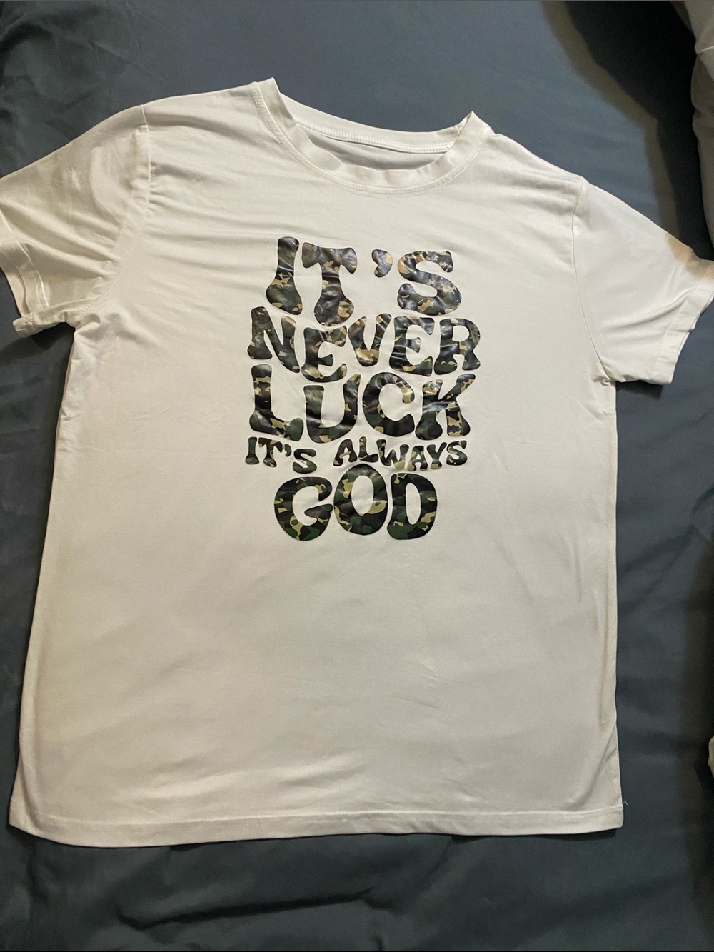 White Graphic Tee with Camouflage Text - Unisex